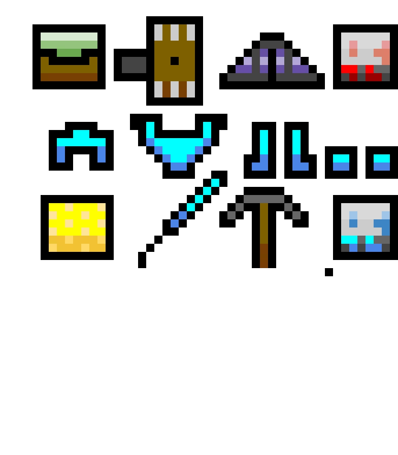 minecraft the purple and grey elytra and the other grey are ores yellow spongeeee