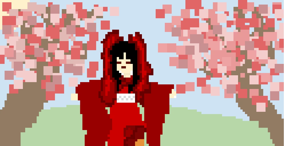 woman in red kimono between sakura trees