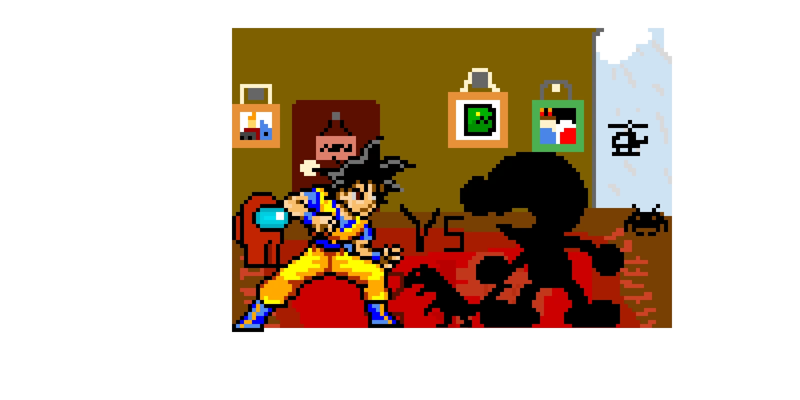 Goku and Among Us Crewmate VS Mr Game and Watch, Space Invader, Helicopter, and Dinosaur