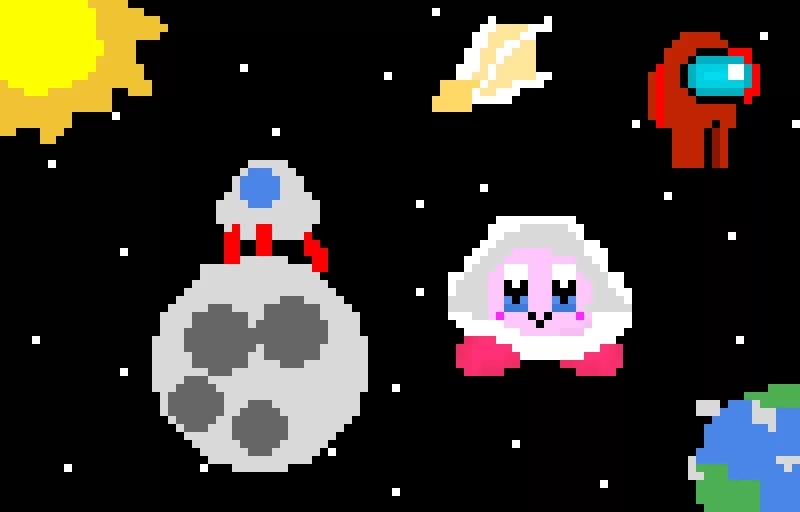 kirby meets red amoung us they are friends now thanks pixelated feesh73 for the back ground