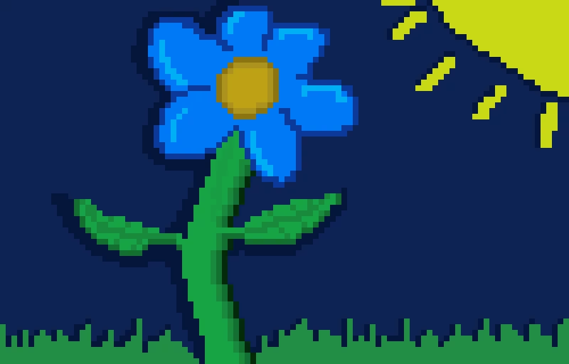 Blue flower with grass and dark blue background