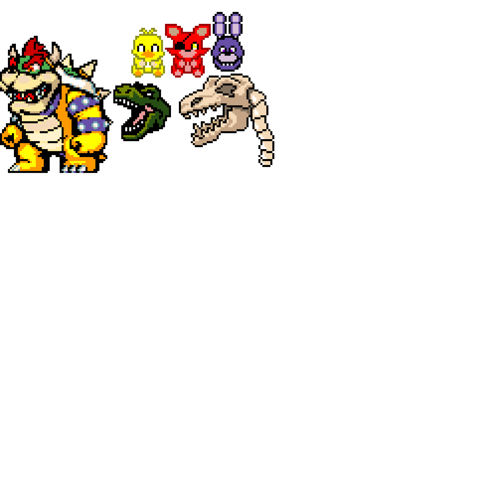 Bowser,Dinosaur,Skeleton,Chica,Foxy and Bonnie