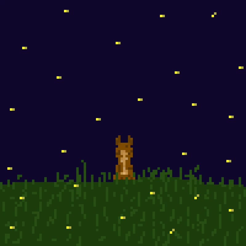 fox in grass with fireflies
