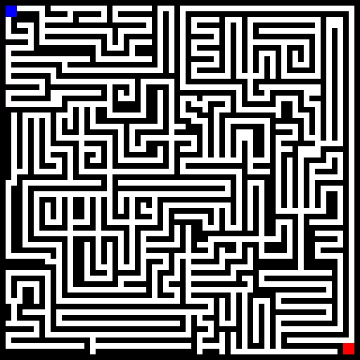 A maze, start at blue and end at red