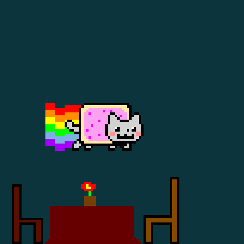 neon cat is flying though romate planted