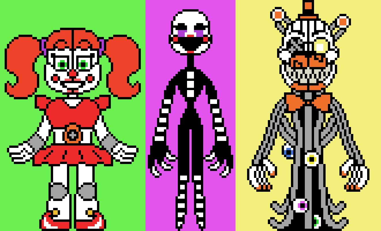 my cartoon designs for circus baby the puppet and molten freddy