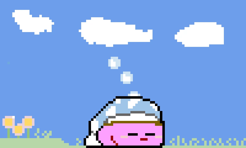 kirby sleeping in a field