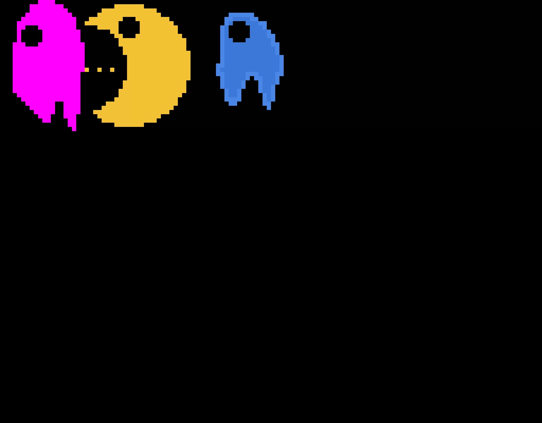 Packman eating yellow balls chasing pink ghost while Pac-Man is getting chased by blue ghost