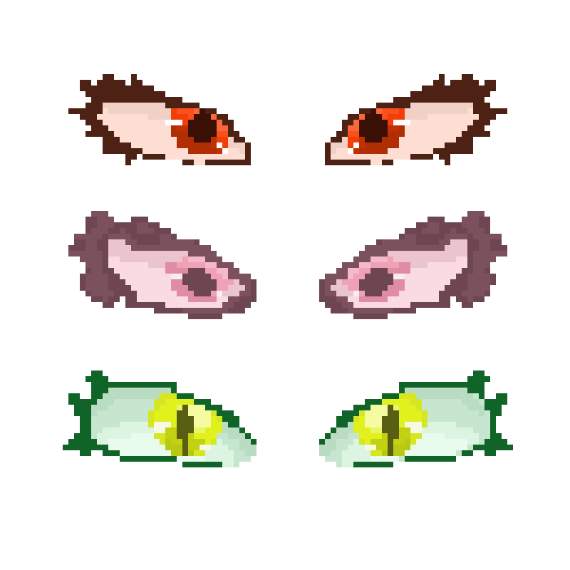 Luminous orange eyes, light pink eyes, and medusa’s eyes