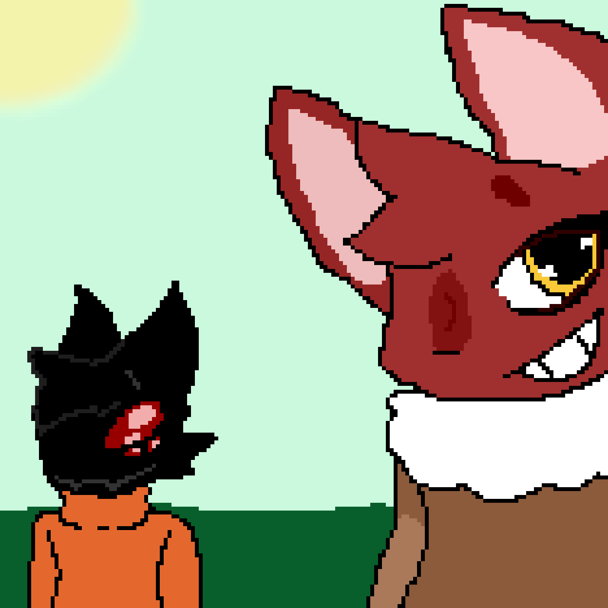 Dezz the abyssinian cat and Zcythe the king baboon spider (disguised as a black fox)