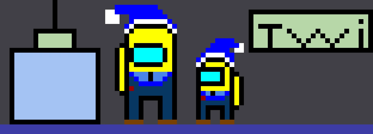 mini crewmate and crewmate yellow wear a blue santa hat