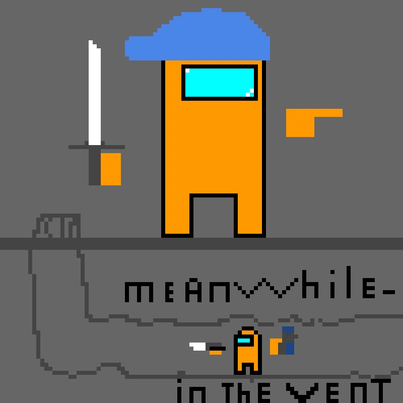 Orange imposter is holding a katana and mini crewmate in the vent with a gun and knife, and waiting 