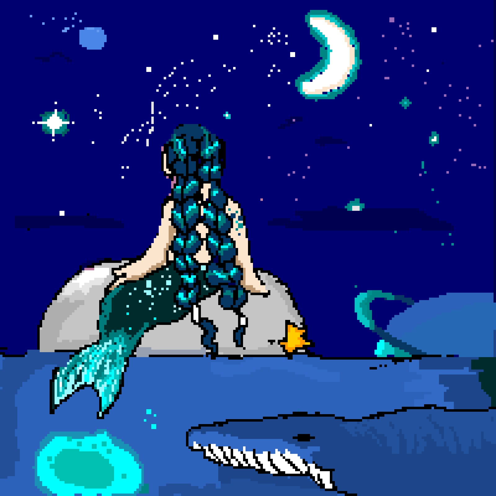 mermaid watching stars in middle of ocean with jellyfish and whale (contest)