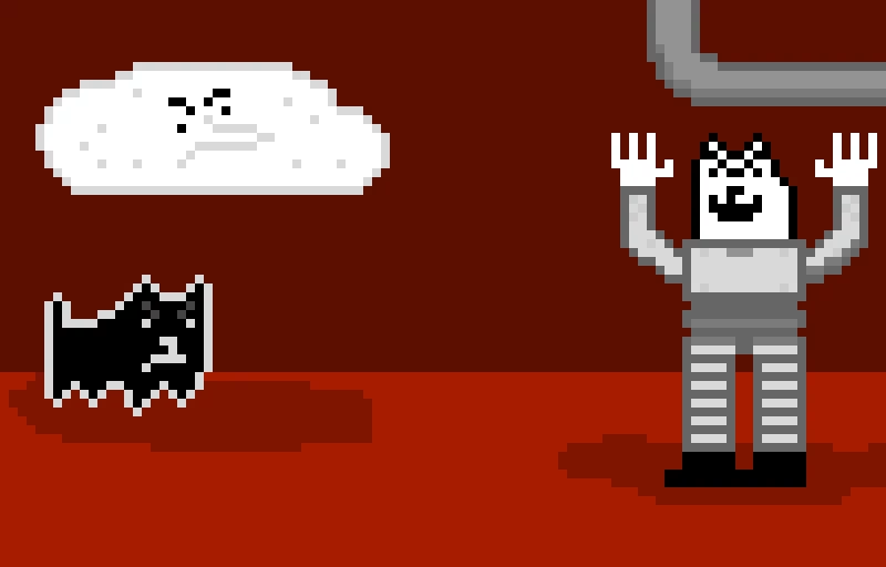 slumo and cub (the name of the black cat and cloud) go to fight the evil guy, mr. evil