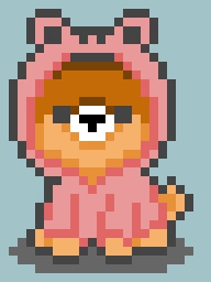 doggo in pink froggy hoodie