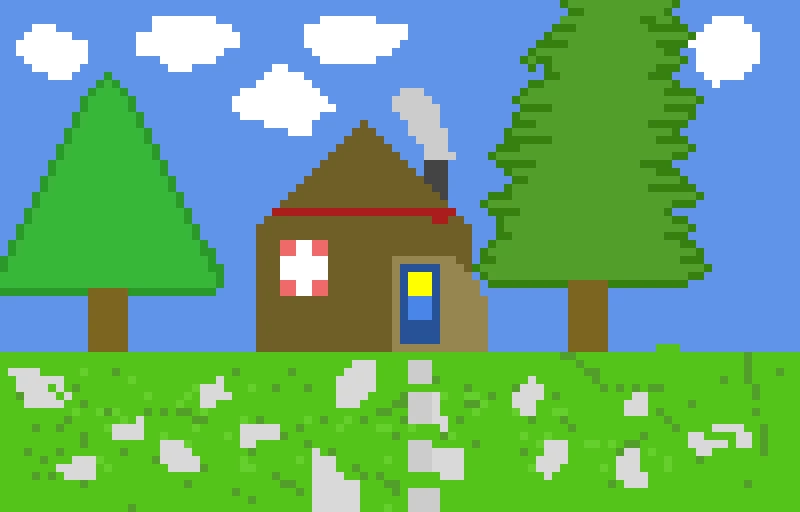 cabin in the forest during spring (challenge make this become summer, winter, and fall,)